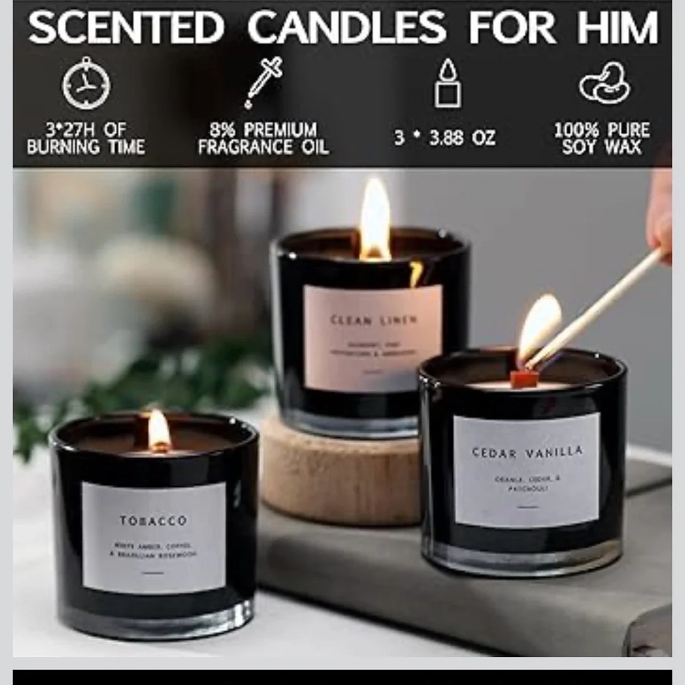 Scented Candles for Men – Tobacco, Cedar Vanilla & Clean Linen – Luxury Gift Box